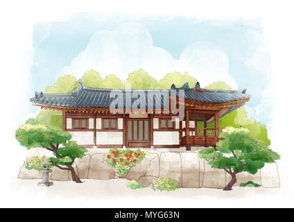 Die Schönheit Der hanok, traditionelle koreanische Stil Haus auf Aquarell Hintergrund 009 Stock Vektor