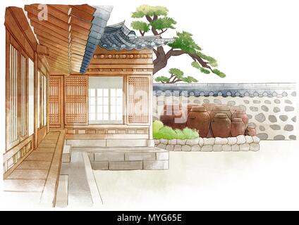 Die Schönheit Der hanok, traditionelle koreanische Stil Haus auf Aquarell Hintergrund 005 Stock Vektor