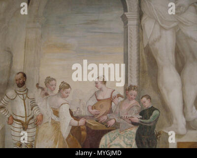 . Italiano: Affreschi del Salone di Giovanni Antonio Fasolo (1530-1572), realizzati prima del 1570: il Concertino. Englisch: Main Hall Fresken von Giovanni Antonio Fasolo (1530-1572), die an oder vor 1570: Das Kleine Konzert abgeschlossen. 25. Juni 2007 (original Upload Datum). Original uploader wurde Senpai. Wikipedia 551 Villa Caldogno 2007 - (21) Stockfoto