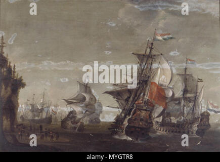 . Nederlands: Hollandse schepen voor een noordelijke Kust. Öl auf. 74 × 108 cm (29.1 x 42.5 in.). RCE (B 1298). Vroeger Rijksmuseum Amsterdam (SK-A-1381). . 1689. Jakob de Gruyter 150 niederländische Schiffe weg von einem nordischen Küste von Jacob de Gruyter Rijksdienst voor het Cultureel Erfgoed B 1298 zurückzuführen Stockfoto