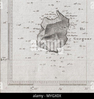 . Englisch: eine schöne Französische nautische Karte oder Karte 1852 herausgegeben vom Depot de la Marine. Prächtige Detail sowohl im Landesinneren auf See. Angebote Gräfin Tiefenangaben sowie Hinweise auf undersea Features wie Banken und Untiefen. Ebenso beeindruckend Detail im Binnenland mit wunderschön gravierten Topographie und detaillierte Insel Struktur der einzelnen Straßen und Gebäuden. Die Insel Gorgona (Gorgone) als Ausschnitt. Von Theodore Ducos für die Depot - General de la Marine im Jahre 1852 herausgegeben. English: Hervorragende französische Seekarte, herausgegeben 1852 durch das Marineamt. Sie enthält als Kartenausschnit Stockfoto