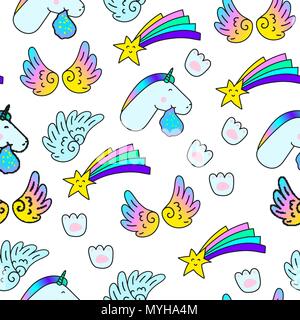 Einhörner Star Wings Pfotenabdruck. Fantasy Vektor nahtlose Muster. Spaß und trendige Mode Hintergrund für Jugend Laptop Kleidung Textil Muster Stock Vektor