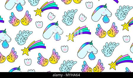 Einhörner Star Wings Pfotenabdruck. Fantasy Vektor Aufkleber Set auf grauem Hintergrund. Spaß und trendige Mode Kollektion für Jugend Laptop Kleidung Textil Stock Vektor