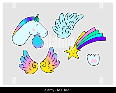Einhörner Star Wings Pfotenabdruck. Fantasy Vektor Aufkleber Set auf grauem Hintergrund. Spaß und trendige Mode Kollektion für Jugend Laptop Kleidung Textil Stock Vektor