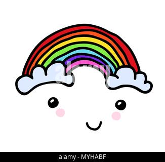 Vektor Hand lächelnd gemalt Regenbogen mit Wolken. Handgezeichneten Jugend childly doodle Patch, Comics Aufkleber. Perfekt auf einem Laptop geeignet, Jeans Jacke, Stock Vektor