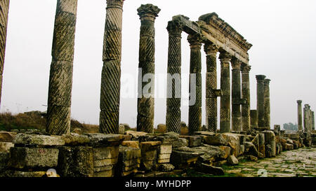 Große Kolonnade in Apamea in Nebel, teilweise zerstört, Syrien Stockfoto
