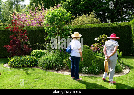 Die Besucher der offenen Gärten bei Newton Valence durchlesen ein Englischer Garten im Innenhof, Newton Valence, in der Nähe von Alton, Hampshire, UK. 20.05.2018. Stockfoto