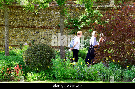 Die Besucher der offenen Gärten bei Newton Valence Durchlesen einen ummauerten Garten, Newton Valence, in der Nähe von Alton, Hampshire, UK. 20.05.2018. Stockfoto