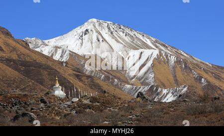 Feder Szene im Langtang Tal. Mount Tserko Ri und kleinen Stupa. Stockfoto