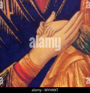 . Englisch: die Hände der allerseligsten Jungfrau Maria und das Kind, Detail von Unserer Lieben Frau von der Immerwährenden Hilfe, byzantinische Ikone sagte 13. oder 14. Jahrhundert Español: Manos virgen - Niño, las mejores del icono Virgen del Perpetuo Socorro. 13. oder 14. Jahrhundert. Unbekannte byzantinische Maler aus dem 13. oder 14. Jahrhundert 341 Manosdelaperpe Stockfoto