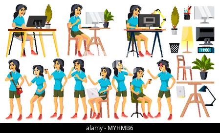 Büroangestellter Vektor. Frau. Happy Sekretärin, Diener, Mitarbeiter. Koreanisch, Vietnamesisch. Japanische Unternehmen Human. Gesicht Emotionen, verschiedenen Gesten. Isolierte Charakter Abbildung Stock Vektor