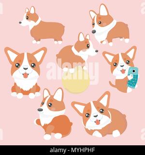 Süße Welsh Corgi hund Zeichen gesetzt. Stock Vektor