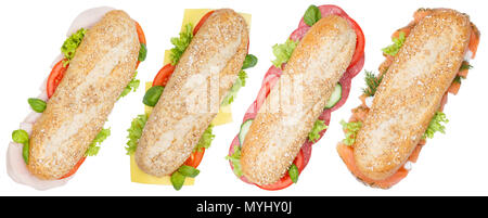 Sandwiches ganze Körner Schinken Salami Käse Lachs Fisch von oben auf weißem Hintergrund Stockfoto