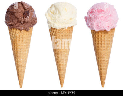 Sammlung von eisportionierer Eisbecher kegel Schoko Vanille icecream auf weißem Hintergrund Stockfoto