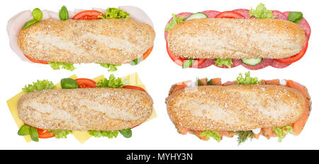 Sammlung von Sandwiches ganze Körner Schinken Salami Käse Lachs Fisch von oben auf weißem Hintergrund Stockfoto