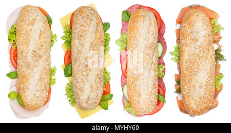 Sandwiches ganze Körner Baguette mit Schinken Salami Käse Lachs Fisch von oben auf weißem Hintergrund Stockfoto