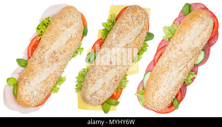 Sandwiches ganze Körner Schinken Salami Käse von oben auf weißem Hintergrund Stockfoto