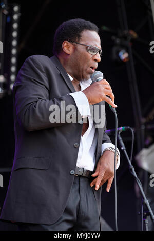 Angelo Starr der Edwin Starr Band an Wychwood Festival, 3. Juni 2018. Cheltenham, England, Großbritannien Stockfoto