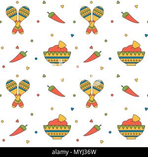 Cute cartoon mexikanischen nahtlose Vektor Muster Hintergrund Abbildung mit Maracas, Chili, Nachos und Salsa Stock Vektor