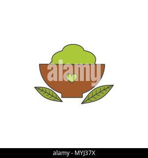 Cute cartoon Vektor matcha Pulver grüner Tee in der Schüssel Schale mit Blatt Stock Vektor
