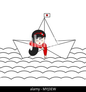 Süße Lonely Girl in einem Papier, das Boot segeln im Meer Vector Illustration Stock Vektor