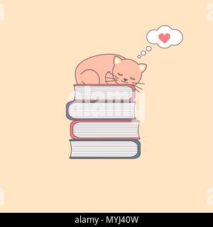 Schlafen cartoon Katze auf einem Stapel Bücher Vector Illustration Stock Vektor