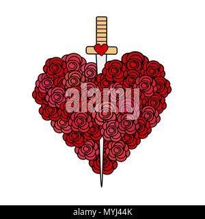 Cute cartoon Vektor Herz Rose mit Schwert Stock Vektor