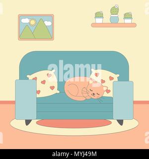 Niedlich schönen cartoon Vector Illustration mit Katze liegend auf blauen Sofa Stock Vektor