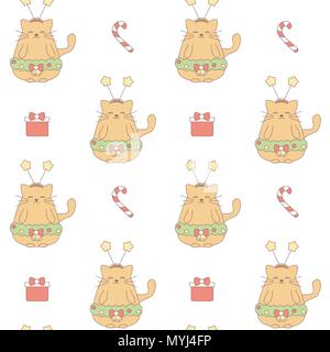 Süße schöne Weihnachten vektor Muster Hintergrund Abbildung mit Katze, Geschenkbox und Candy Cane Stock Vektor