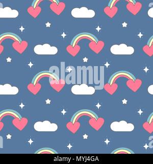Süße bunte nahtlose Vektor Muster Hintergrund Abbildung mit Regenbogen, Herz, Wolken und Sterne Stock Vektor