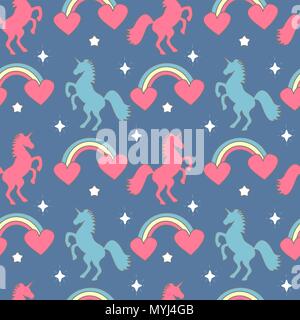 Süße bunte nahtlose Vektor Muster Hintergrund Abbildung mit Regenbogen, Herz, Einhörner und Sterne Stock Vektor