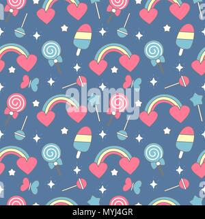 Süße bunte nahtlose Vektor Muster Hintergrund Abbildung mit Regenbogen, Herz, Eis, Lutscher, Schmetterlinge und Sterne Stock Vektor