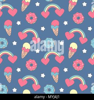 Süße bunte nahtlose Vektor Muster Hintergrund Abbildung mit Regenbogen, Herz, Eis, Donuts und Sterne Stock Vektor