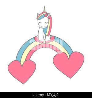 Cute cartoon Einhorn sitzen auf bunten Regenbogen mit Herzen Vector Illustration Stock Vektor