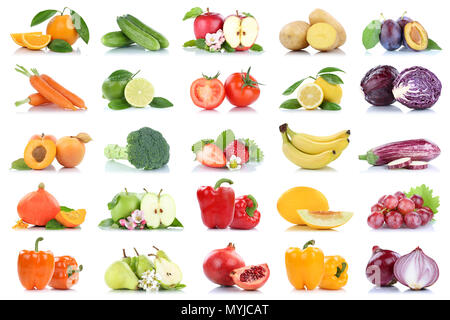 Obst viele Obst und Gemüse Sammlung isoliert Apple orangen Zwiebel Tomaten Farben auf weißem Hintergrund Stockfoto