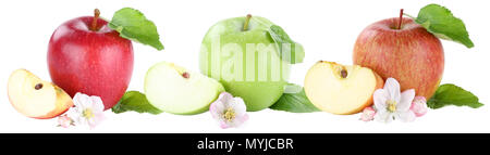 Sammlung von Apple Obst Äpfel Früchte Scheibe geschnitten Blüten auf weißem Hintergrund Stockfoto
