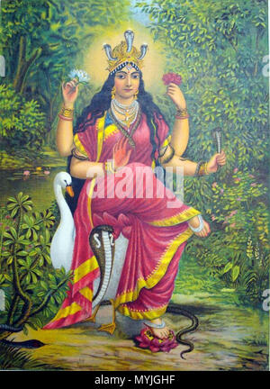 . Deutsch: "Album der populären Drucke auf Stoff Seiten montiert. Farblithographie, beschriftete, eingeschrieben und nummeriert 33. Die Göttin Manasā in einem dichten Dschungel mit Schlangen, sitzt auf einem Schwan und mit dem linken Fuß ruht auf einem Lotus Flower.". 1895. Unbekannt 340 Manasa Devi Stockfoto