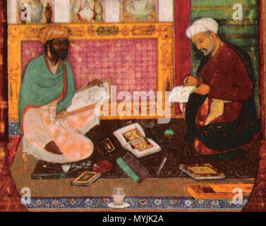 . Englisch: Detail einer 1610 hinzugefügte Seite von einem Mughal kopieren af Nizami die Khamsa (für Akbar 1595). Das Bild zeigt den kalligraph Abd al-Rahim und dem Maler Dwalat bei der Arbeit in der kaiserlichen Studio. ca. 1610. 290 Kalligraf unbekannten Malers und Miniaturisten Stockfoto