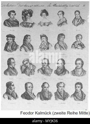 . Englisch: Feodor Iwanowitsch Kalmückischen (1763-1832) unter den 20 bekanntesten deutschen des 19. Jahrhunderts, darunter Goethe und Schiller gezeigt. Er ist in der Mitte der zweiten Zeile von oben. Die Schrift oben sagt, in deutscher und französischer Sprache: 'Die beruhmten Deutschen vom 19te Jahrhundert', 'Les Allemands XIXeme celebres du Siecle", sowohl mit der Bedeutung "berühmten Deutschen des 19. Jahrhunderts". Ein seltenes Beispiel eines Asiatischen (ethnische Kalmückischen, also Westlichen Mongolischen) steigende zum Ruhm im westlichen Europa zu dieser Zeit. 19. Goethe-Galerie, Jena. Deutsch-französische Broschüre aus dem 19. Jahrhundert 290 KalmykFamous Stockfoto