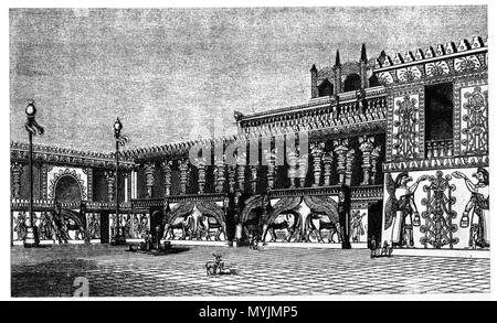 . English: Der Nordflügel des Palasts von Dur Sharrukin, dem heutigen Khorsabad im Irak, in einer künstlerischen Rekonstruktion aus dem 19. Jh. Englisch: des 19. Jahrhunderts Künstler Konzeption der assyrischen Palast in Dur Sharrukin (heute Khorsabad, Irak). Français: Wiederaufbau artistique du Palais de Dur Sharrukin Assyrien (Khorsabad), XIXième siècle. . 17. Januar 2008. McLeod 295 Khorsabad Schlosshof Wiederaufbau Stockfoto