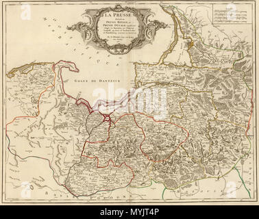 . Preußen im Jahre 1751, als Königliche Preußen und dem Königreich Preußen (ehemals herzoglichen Preußens) - "La Prusse divisee en Prusse Royale, et Prusse Ducale laquelle a ete erigee en Royaume par l'Empereur Leopold en zugunsten de Frederic I. Elec? De Brandenburg couronee en Janvier 1701. Par le Sr. Robert Geog. ord. Du Roy. Avec Privilege. 1751. Guill? Delahaye, sculpsit.". Robert de Vaugondy 309 La Prusse 1751 - Robert de Vaugondy Stockfoto