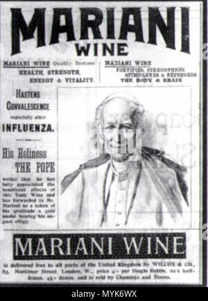 . Englisch: Werbung von Vin Mariani mit Papst Leo XIII. den Text des Plakates lautet: MARIANI MARIANI WEIN WEIN: Schnell stellt Gesundheit, Kraft, Energie und Vitalität. MARIANI WEIN: Stärkt, stärkt, belebt und erfrischt den Körper und Gehirn. Eilt Rekonvaleszenz, vor allem nach der Grippe. Seine Heiligkeit der Papst schreibt, dass er voll hat das beneficient Auswirkungen dieser Tonic Wein geschätzt und wurde Herrn Mariani als Zeichen seiner Dankbarkeit eine Goldmedaille seine August Bildnis Lager weitergeleitet. MARIANI WEIN: frei zu allen Teilen des Vereinigten Königreichs von WILLCOX & CO [Adresse] zugestellt werden. Stockfoto