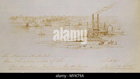 . New Orleans: Das Marine Hospital aus der oberen Wände der neuen Custom House, 30. Juni, 1855. Skizze von Thomas Kelah Wharton Blick über den Mississippi River mit Dampfschiffen in Richtung alte Marine Hospital auf der West Bank. . 30. Juni 1855. Thomas Kelah Wharton (1814-1862) 348 Marine Hospital in New Orleans von der oberen Wände der neuen Cusom Haus 1855 Stockfoto