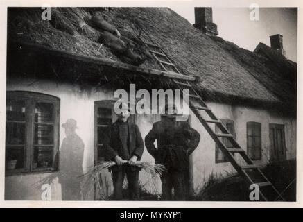 Thatchers bei der Arbeit auf einer Farm Cottage, Dänemark, ca. 1930 Stockfoto