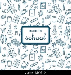 Zurück zu Schule Hintergrund mit liefert. Sketchy notebook doodles Hintergrund mit Text. Vector Illustration Design Element Stock Vektor