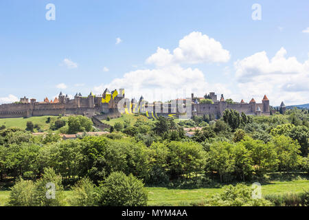 Die Cité von Carcassonne, Französisch Departement Aude, Occitanie Region, Frankreich. Stockfoto