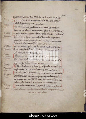 . Français: Texte d'une Seite (Folio 160v) tirée d'un livre liturgique carolingien (British Library, MS hinzufügen. 11848), écrit en minuscule Caroline. Englisch: Seite Text (Folio 160 v) von einem karolingischen Evangeliar (British Library, MS hinzufügen. 11848), die in der karolingischen Minuskel geschrieben. - Der Text ist Lukas 23, 14-26. English: Folio (Blatt) 160 v aus der Vulgata-Handschrift British Library MS hinzufügen. 11848, Text: Lukas 23,15 - 26. Geschrieben in karolingischer Minuskel. Dezember 2010. Diese Datei fehlt, Informationen zum Autor. 365 Minuscule Caroline Stockfoto