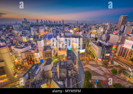 Shibuya, Tokio, Japan, über die berühmte Skyline der Stadt jagt Zebrastreifen in der Abenddämmerung. Stockfoto