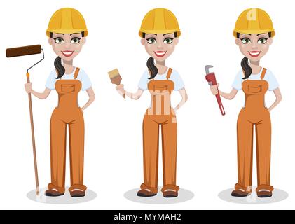 Schöne weibliche Builder in Uniform, Cartoon Character Set. Professionelle Bauarbeiter. Lächelnd Werkstatt Frau mit Farbroller, mit Farbe Bru Stock Vektor