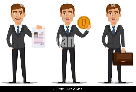 Stattliche Banker im Anzug, eingestellt. Fröhliche Zeichentrickfigur holding Dokument, goldene Bitcoin und Holding Aktentasche. Vector Illustration Stock Vektor